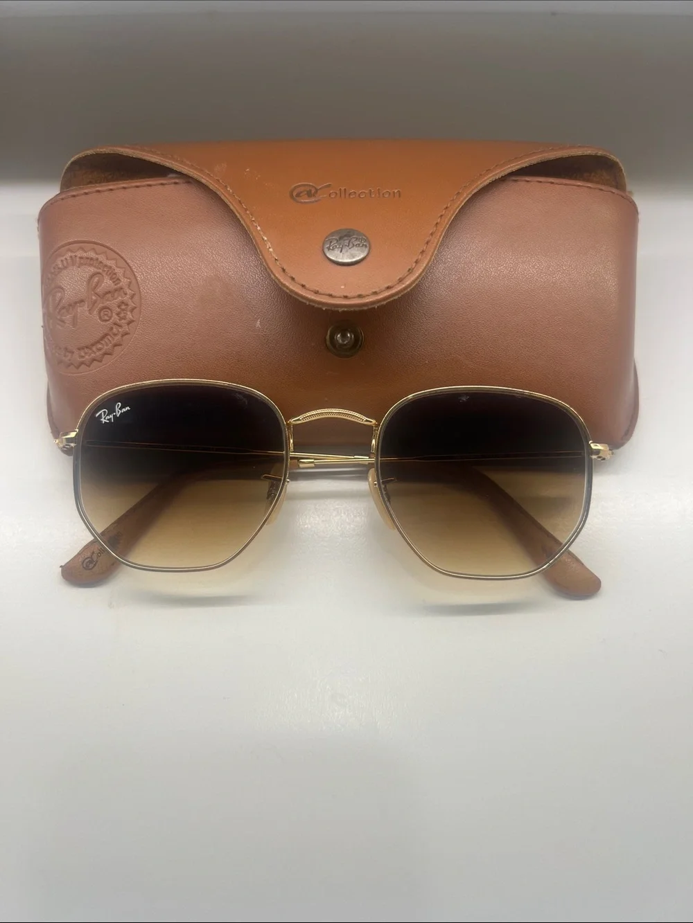 Ray-Ban Gold Frame Brown Sunglasses with Leather Case Hexagon Flat lenses
